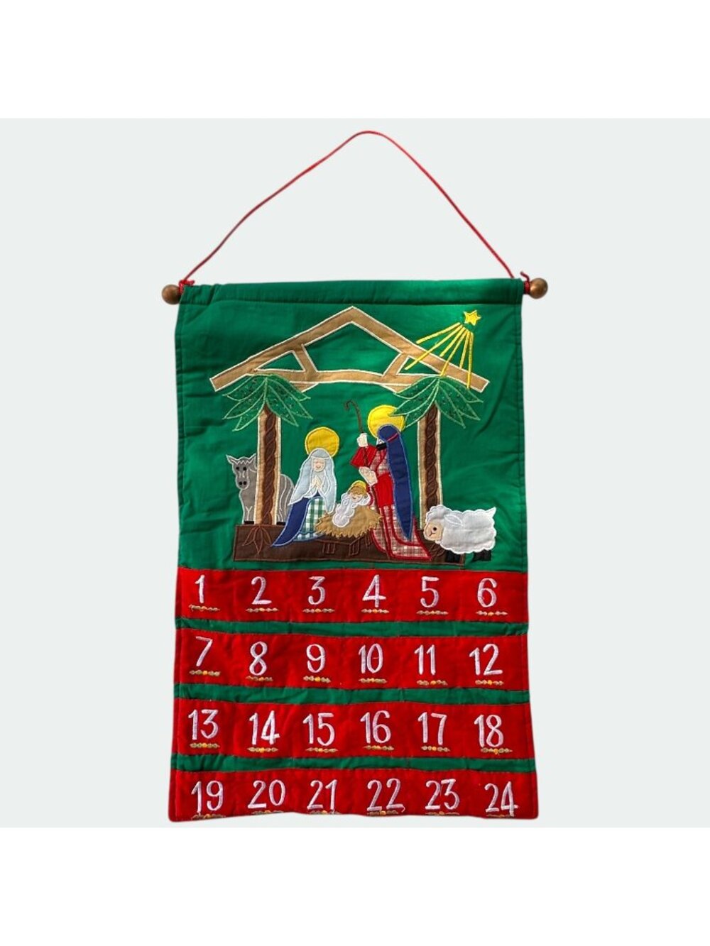 Vintage Nativity Scene Fabric Advent Calendar With Pockets & Red Hanging Cord